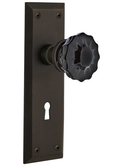 New York Mortise Lock Set with Colored Fluted Crystal Glass Knobs Black in Oil-Rubbed Bronze.